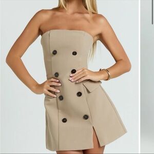 Showpo Tan Strapless Dress with Button Detail